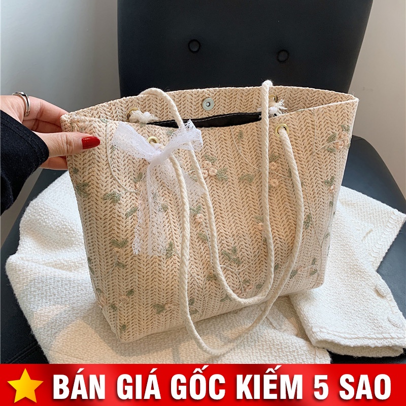 Túi Cói Vuông Lớn Đi Biển Thêu Hoa Phối Dây Thừng P2154