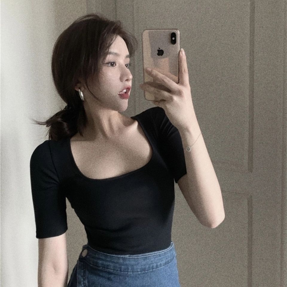 Áo Thun Dệt Kim Cổ Vuông Tay Ngắn Hở Vai Màu Trơn Thời Trang Dành Cho Nữ