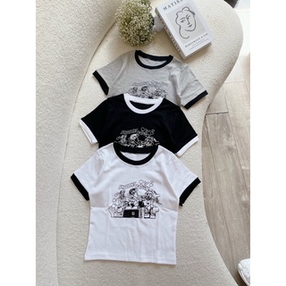 Áo thun dáng croptop in hình đại bàng cổ tròn viền màu xinh