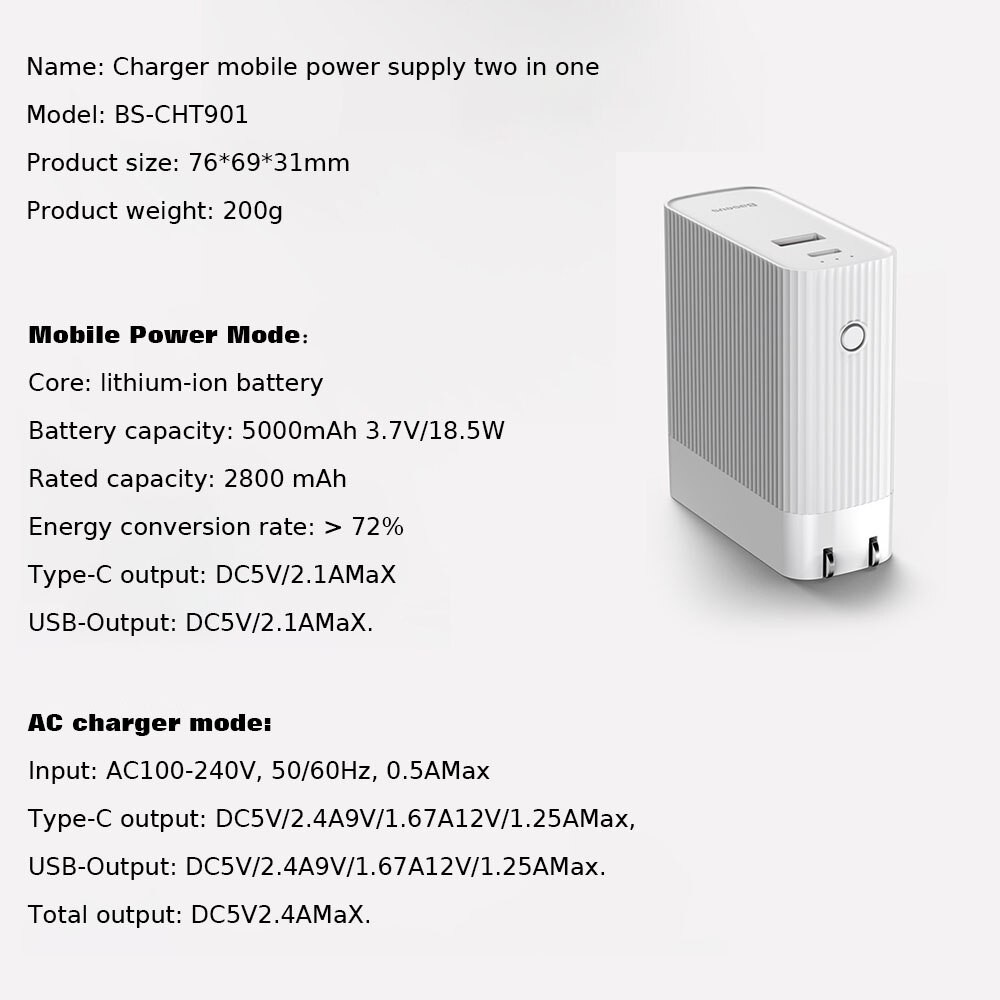 Bộ sạc nhanh du lịch 2 trong 1 Baseus Power Station Travel Charger tích hợp pin 5000mAh 15W, Type C PD 3.0/ USB Q.C 3.0