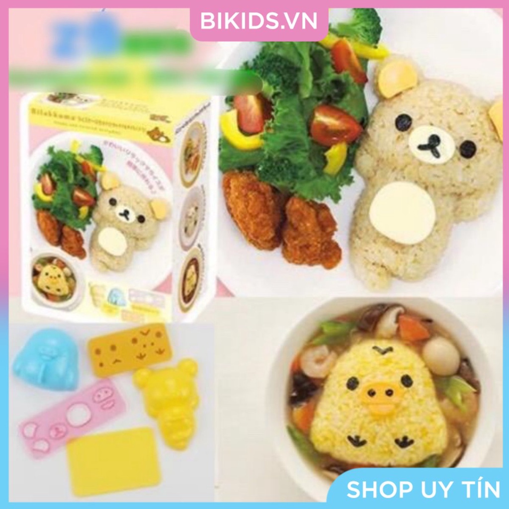 Bộ khuôn ép cơm bento gấu và gà kèm tấm cắt trang trí - Cao cấp