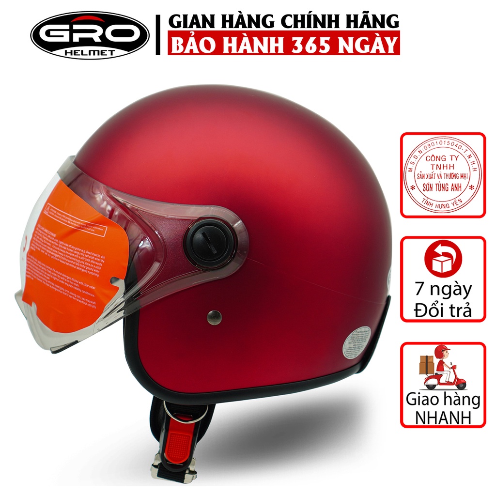 Mũ Bảo Hiểm 3/4 đầu GRO Helmet T818 có kính ngắn che nửa mặt, kiểu dáng thời trang cho nữ, khóa kim loại - Đỏ Đô Nhám