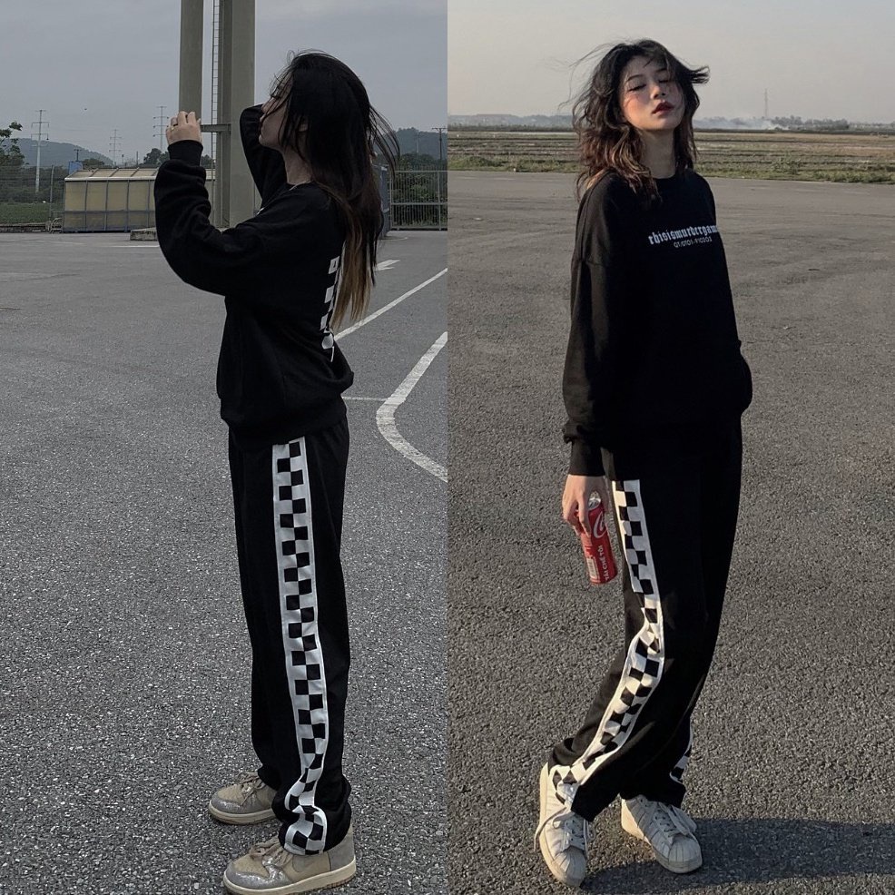 Quần ống rộng nữ nam Unisex họa tiết 2 bên ống, quần jogger nữ phong cách thể thao cá tính dây rút điều chỉnh gấu. VL1