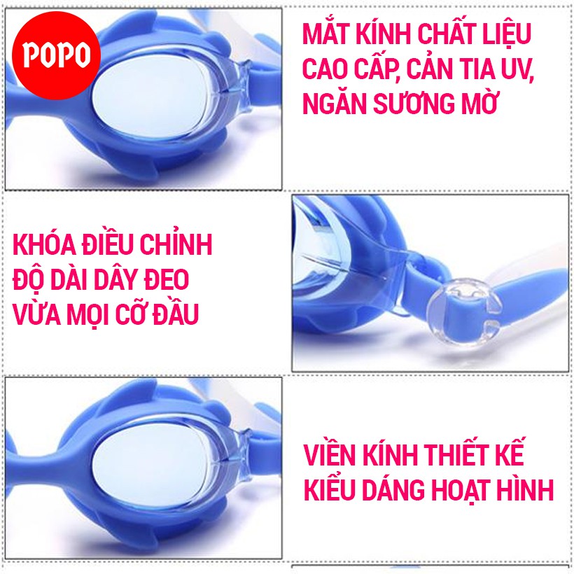 Combo Kính bơi trẻ em, Mũ bơi ngộ nghĩnh, Bịt tai kẹp mũi POPO 1580 mắt kính chống tia UV, chống sương mờ