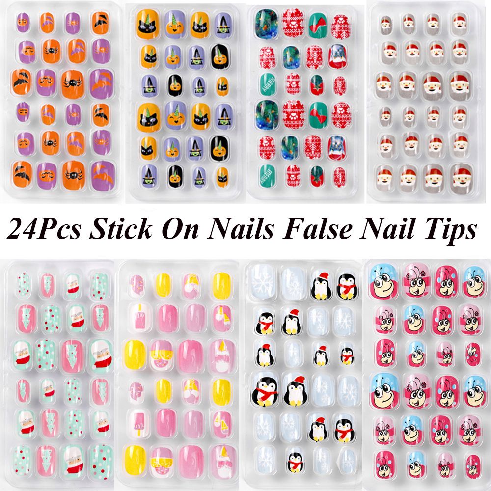 [Hàng mới về] Bộ 24 móng tay giả nhiều hình họa tiết và màu sắc độc đáo cho trẻ em