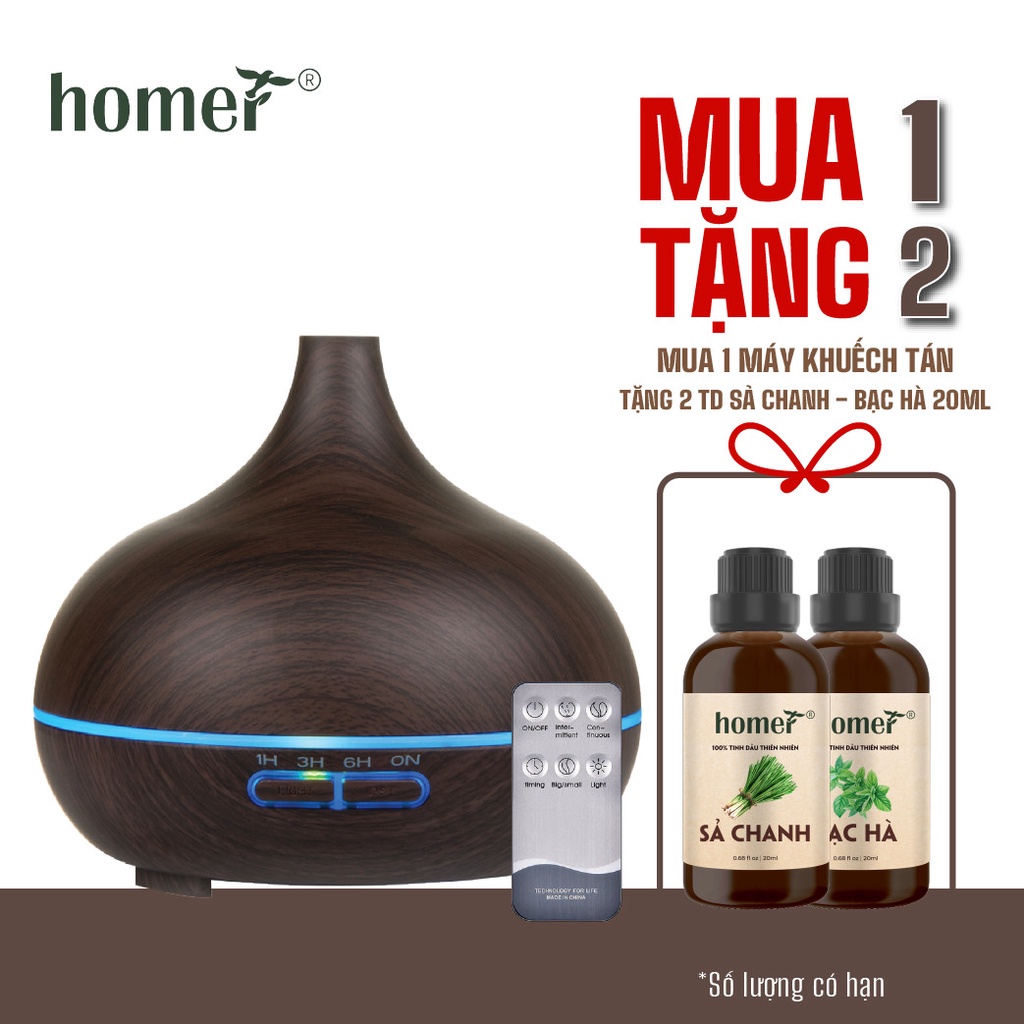 [BẢO HÀNH 3 THÁNG]  Máy xông tinh dầu Homer gỗ 550ml - hàng chính hãng, phun sương tạo ẩm, khuếch tán tinh dầu
