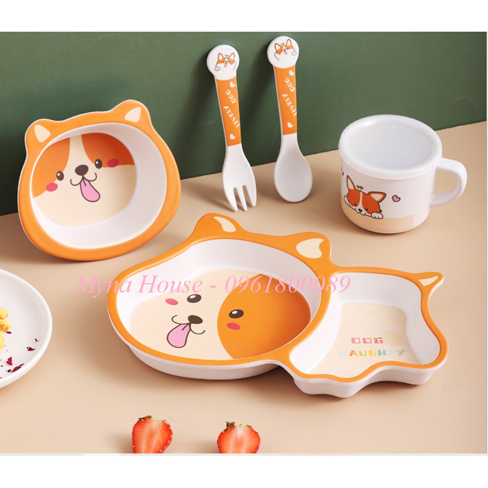 Set 5 món Khay, Bát, Cốc, Thìa, Dĩa ăn dặm hữu cơ tự nhiên Bamboo Fiber