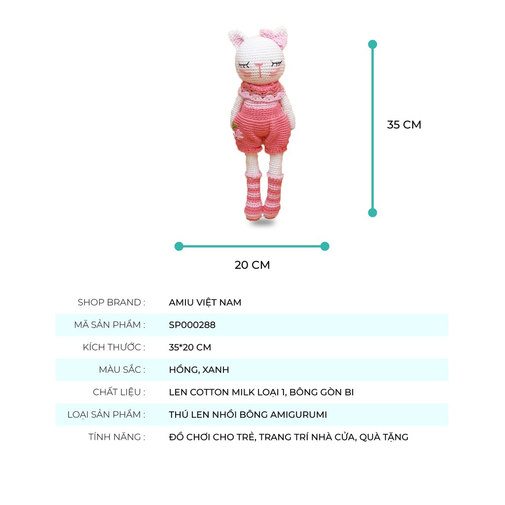 Gấu bông móc len Amigurumi cao cấp Amiu Việt Nam - Mèo Kitty chân dài màu hồng, đồ chơi nhồi bông mèo Kitty - SP000288