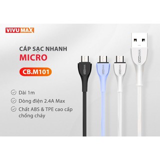 Cáp sạc nhanh và truyền dữ liệu VivuMax M101 đầu sạc Micro USB dòng điện 2.4A siêu bền.