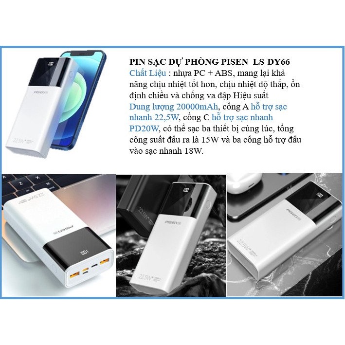 Pin sạc dự phòng Pisen LCD 20000mAh Chính Hãng - Có LED - Kèm ảnh thật