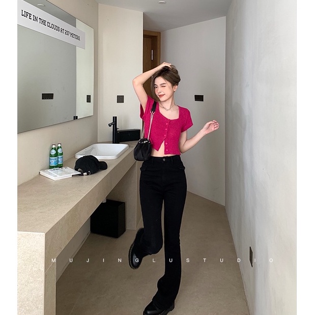 Áo Croptop cardigan Dệt Kim Tay Ngắn Cổ Vuông Màu Sắc Đơn Giản Phong Cách Hàn Quốc
