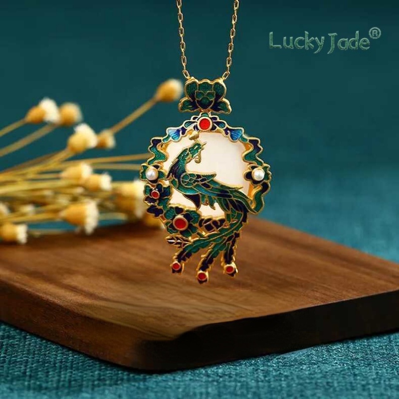 Vòng cổ Bạc 925 Mặt Ngọc Bích Chạm Khắc Hình Phượng Hoàng