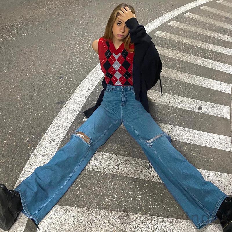 Quần Jean Rách Gối Ống Loe Lưng Cao Phong Cách Sành Điệu Cho Phụ Nữ