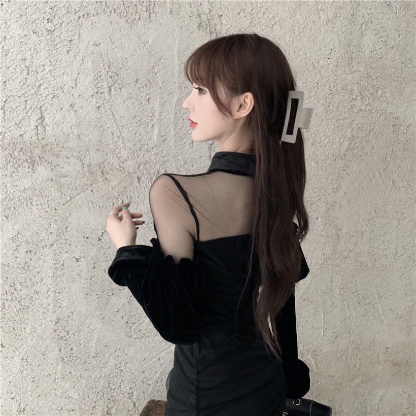 Đầm Nhung Phối Lưới Quyến Rũ Thời Trang Mùa Xuân Cho Nữ