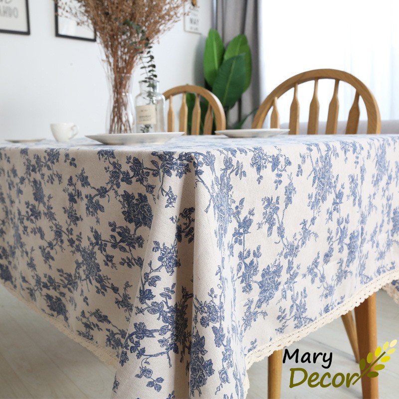 Khăn Trải Bàn Viền Ren Hoa Xanh Phong Cách Vintage Vải Canvas Dày Dặn Mary Decor KB-B01
