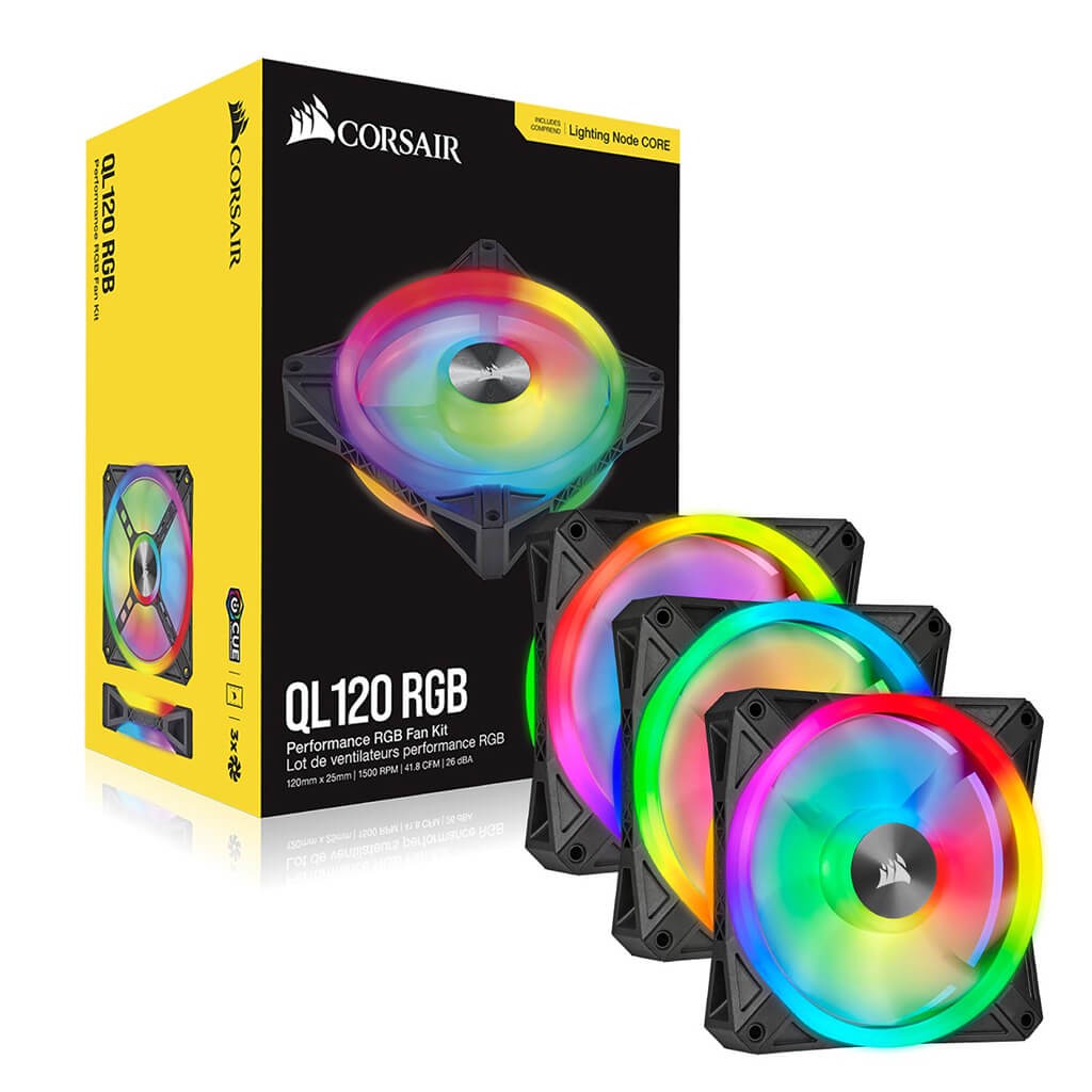 Quạt tản nhiệt case CORSAIR QL120 RGB kèm Lighting Node CORE ( CO-9050098-WW) (Bộ 3 quạt) - Hàng chính hãng