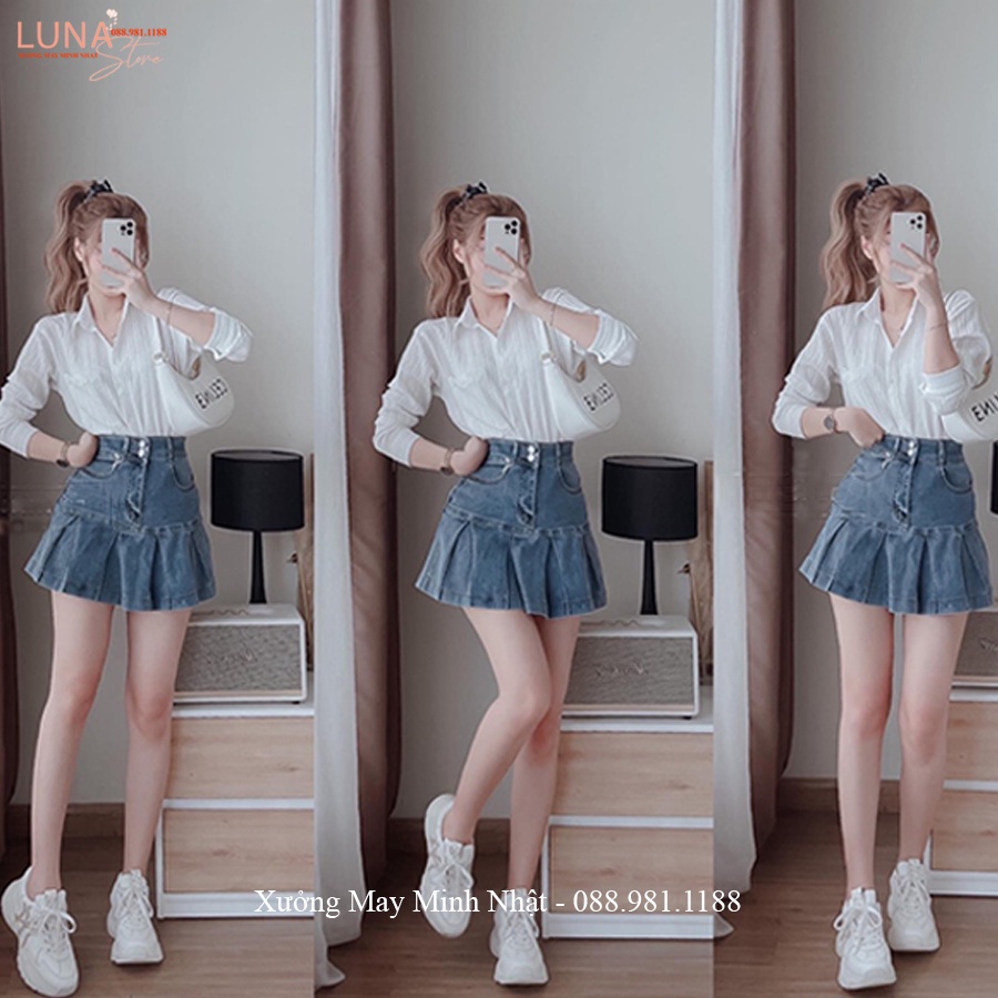 Áo sơ mi nữ kiểu tay dài đi học làm công sở hẹn hò vải xốp gần trơn dày cao cấp màu Trắng Xanh Cốm phong cách Hà Quốc