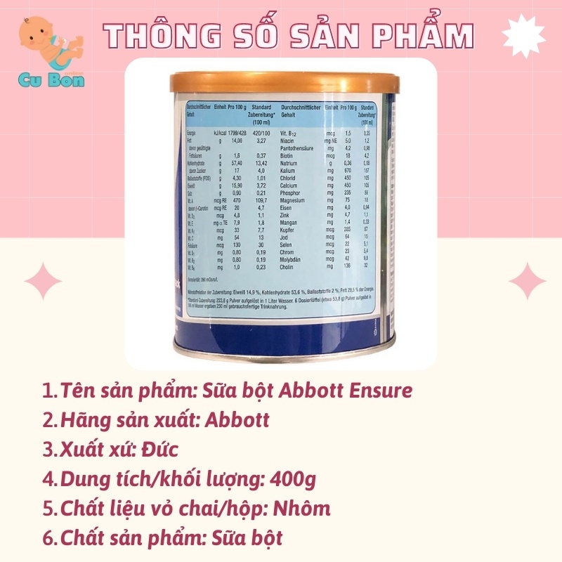 Sữa bột Ensure Abbott Đức Hộp 400g hương Vani ngọt dịu giúp bổ sung dinh dưỡng phục hồi sức khoẻ hiệu quả từ 3 tuổi