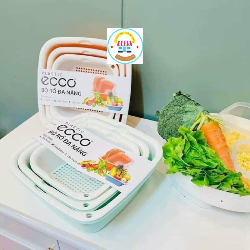Bộ Rổ Kèm Chậu Nhựa Vuông 6 Món, Set 3 Rổ 3 Thau Đựng Thực Phẩm Tiện Lợi Ecoco Nhựa ABS Cao Cấp SP002812