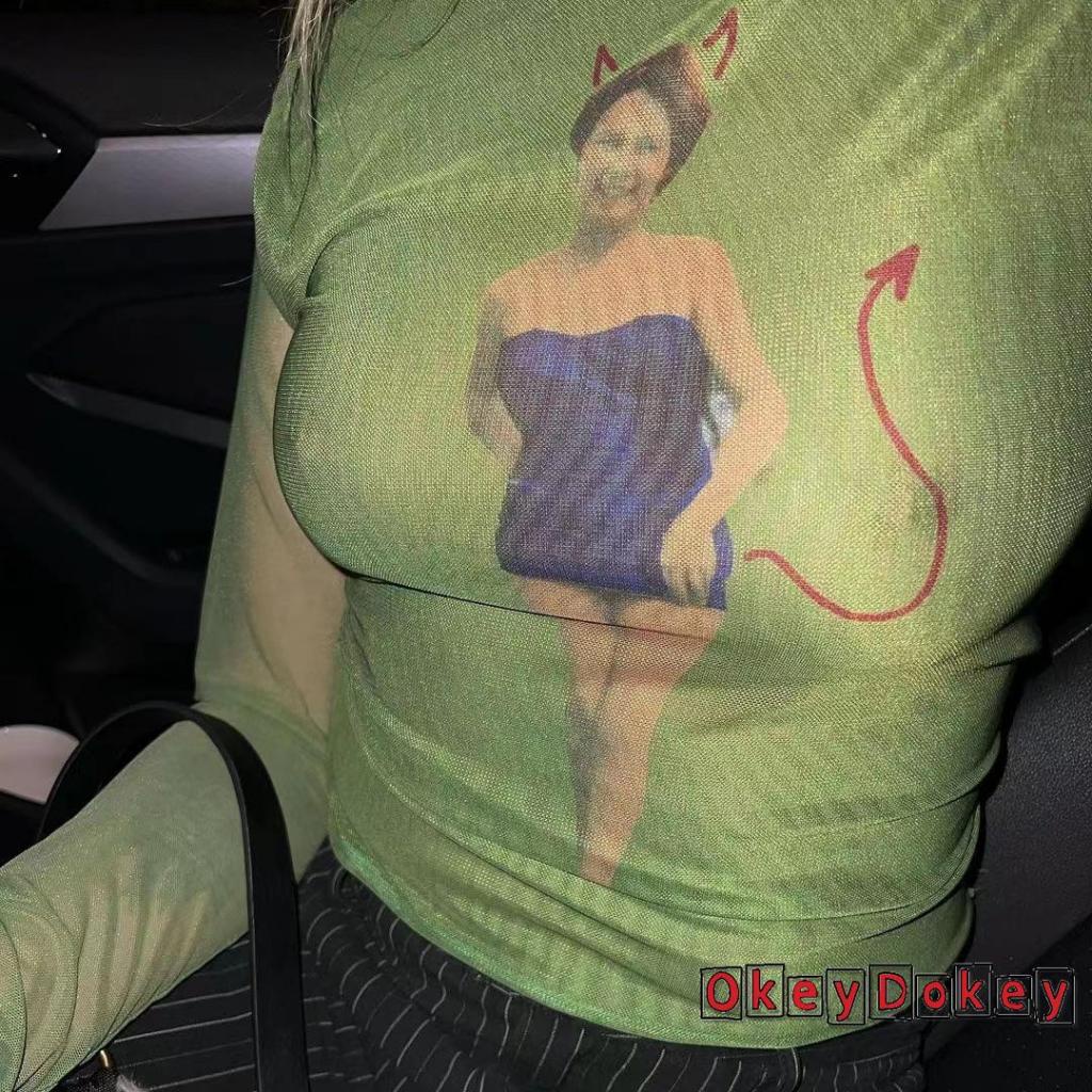 Áo Kiểu Tay Dài Phối Lưới Xuyên Thấu In Họa Tiết Người Phong Cách Vintage Gợi Cảm Y2K Cho Nữ