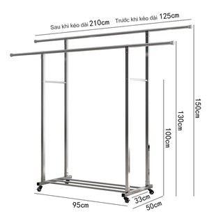 Giàn,Giá,sào phơi đồ bằng inox 1 thanh phơi có bánh xe di chuyển tiện ích 210 x 130 x 50