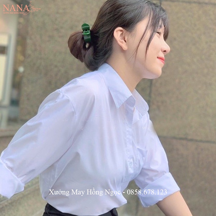 Áo sơ mi nữ đi học tay dài màu trắng xanh form rộng cổ bẻ V trụ có túi kiểu áo sơ mi nữ dài tay đi học vải cotton mát