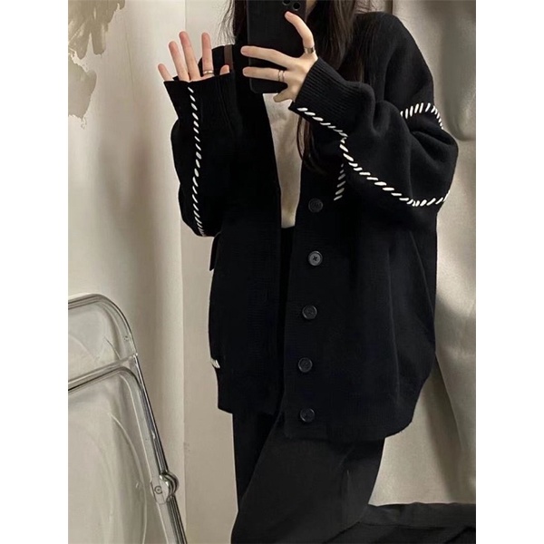 Áo Cardigan len hoạ tiết chỉ trắng