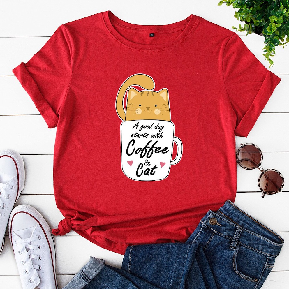Áo thun phông nam nữ form rộng Familylove - Mẫu áo Unisex Chú mèo A Good Day with Coffee Cat chất Cotton 100% cao cấp