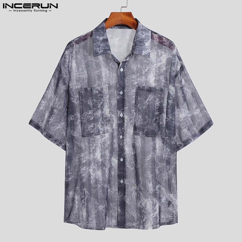 Áo sơ mi INCERUN tay lửng xuyên thấu họa tiết đá hoa cương đơn giản thời trang mùa hè dành cho nam