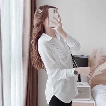 Áo sơ mi trắng nữ tay dài đi học áo kiểu điệu đuôi tôm phối viền ren ngang ngực Áo sơ mi kiểu tiểu thư hàn quốc công sở