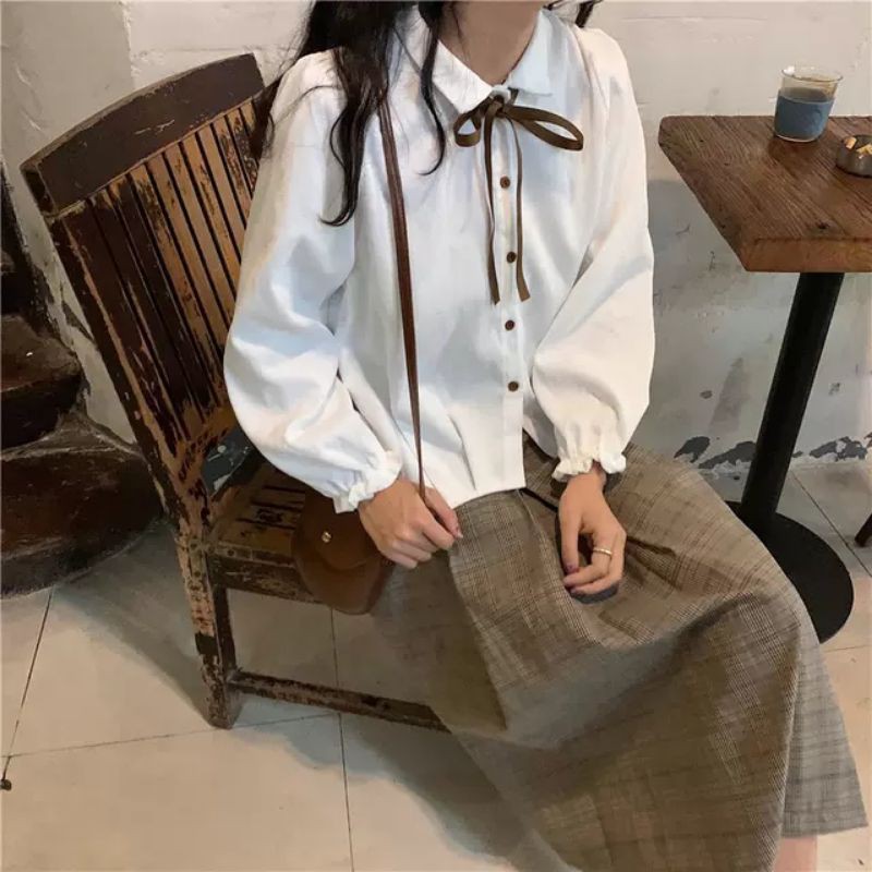 áo sơ mi tay bồng nơ cổ vintage tiểu thư ảnh thật