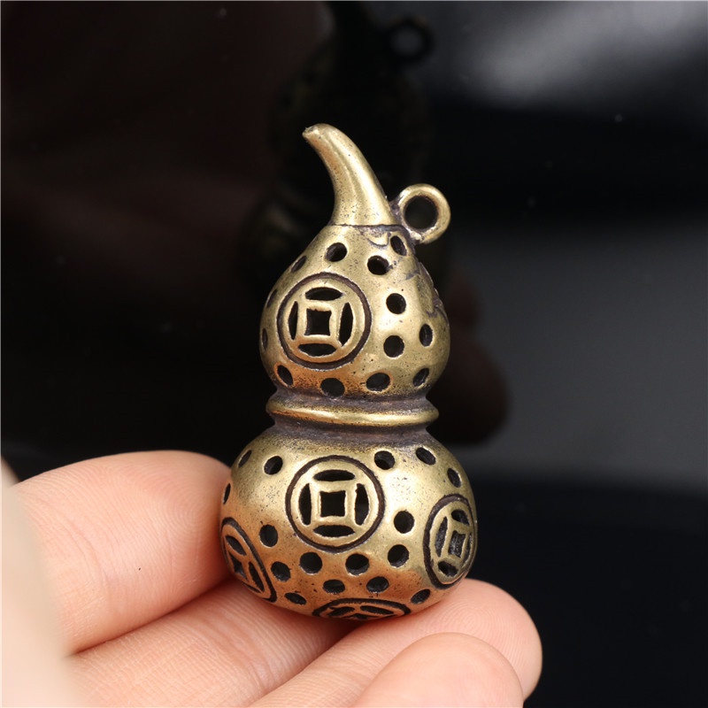 Hồ lô đồng phong thuỷ hoạ tiết hoa sen trang trí móc khoá xe máy ô tô EDC simple