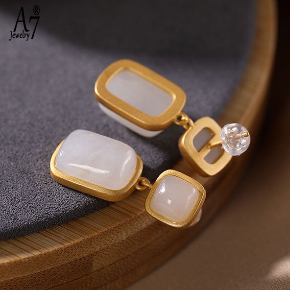 Bông Tai Bạc A7 S925 Đính Đá Ngọc Bích Hình Vuông Thời Trang Cho Nữ