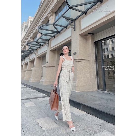 Jumpsuit kẻ caro dài ống suông thắt nơ eo 2s j0104