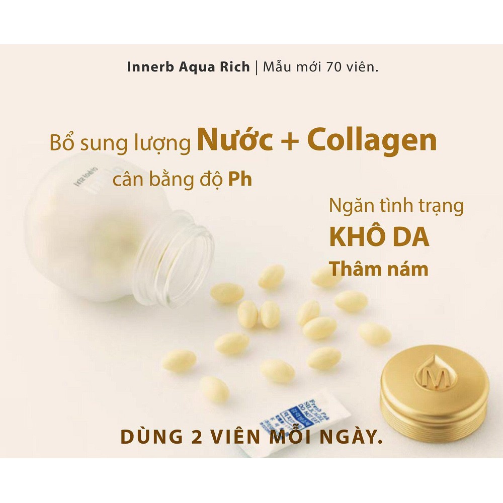 Thực phẩm bảo vệ sức khỏe InnerB Aqua Rich (Giúp cấp ẩm làm đẹp da từ chiết xuất cám gạo) lọ 70 viên - Hộp màu vàng