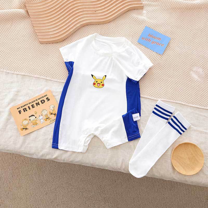 Set Đồ Mùa Hè 2 Món Gồm Áo Liền Quần Tay Cộc + Vớ Bằng Vải Cotton Dễ Thương Cho Bé 0-18 Tháng Tuổi