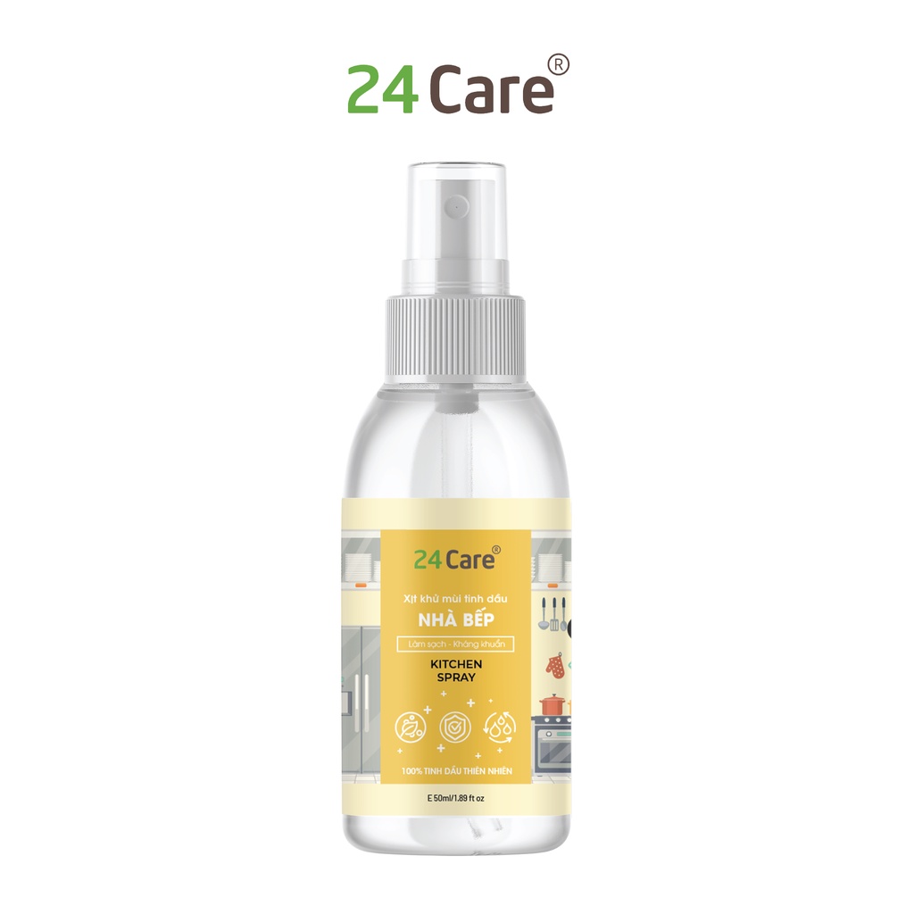 Xịt khử mùi nhà bếp tinh dầu 24Care - Dung tích 50ml/100ml/250ml - Xịt lau chùi bề mặt bếp, khử mùi dầu mỡ