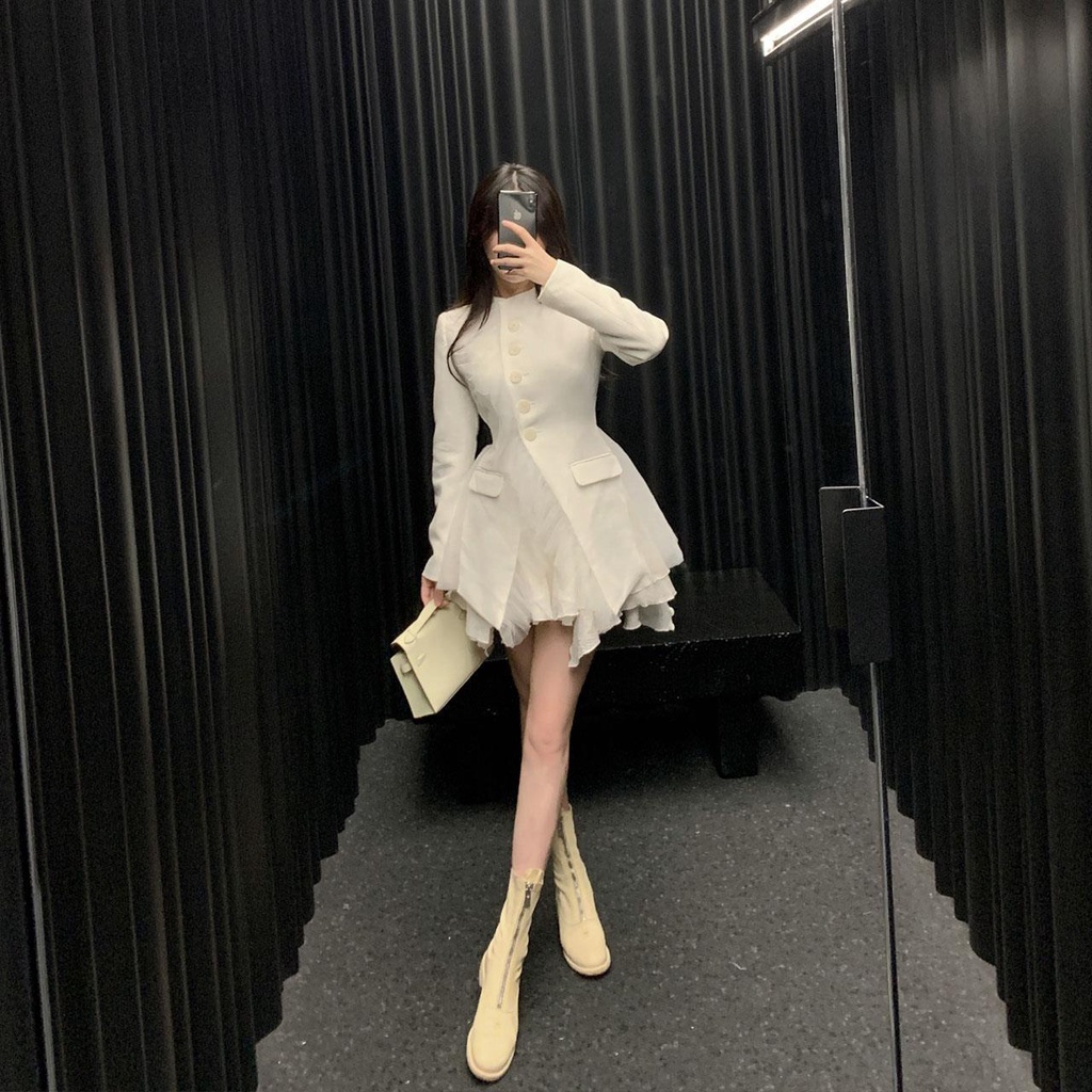 Bộ Áo Khoác Vest Đen Cao Cấp Phối Lưới + Chân Váy Lưng Cao Thời Trang Mùa Xuân Cho Nữ