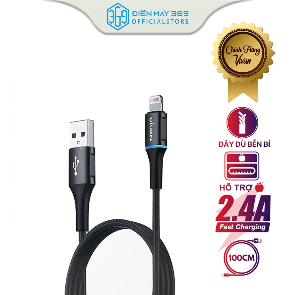 Cáp Sạc Nhanh VIVAN VDC100 2.4A 100cm, Có LED, Chống Đứt Gãy, An toàn khi sạc, Bọc dù bền bỉ và chống đứt gãy.