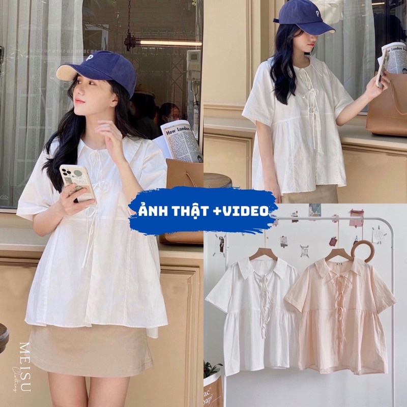 Áo Babydoll Buộc Dây Tiểu Thư - Áo Sơ Mi Cách Điệu Ulzzang Đen Trắng freesize Meisu clothing