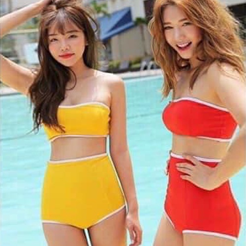 Bikini Hai Mảnh Viền Trắng 2 Dây Quần Lưng Cao Kín Đáo Đồ Bơi Đi Biển Cao Cấp - Liluxu Store