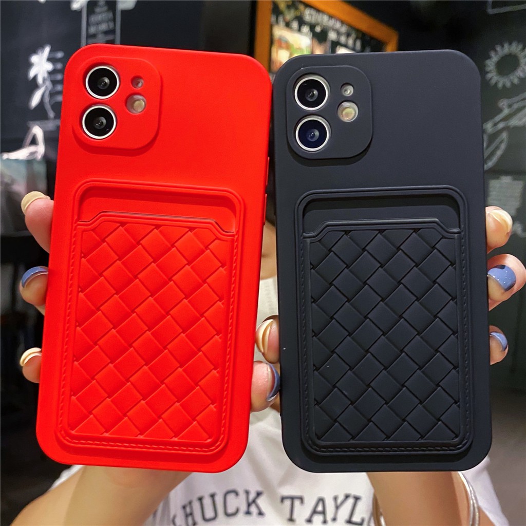 Ốp điện thoại silicon mềm vân đan chéo có ngăn đựng thẻ cho iPhone 12 11 Pro Max XS Max XR X 7 8 Plus