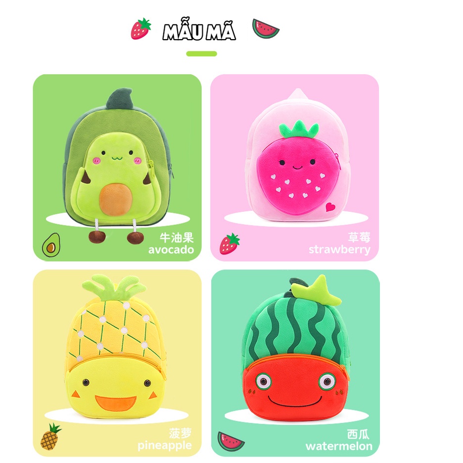 Balo cho bé đi học mẫu giáo chống gù siêu nhẹ unisex in hình trái cây siêu đáng yêu chất nỉ mềm mại