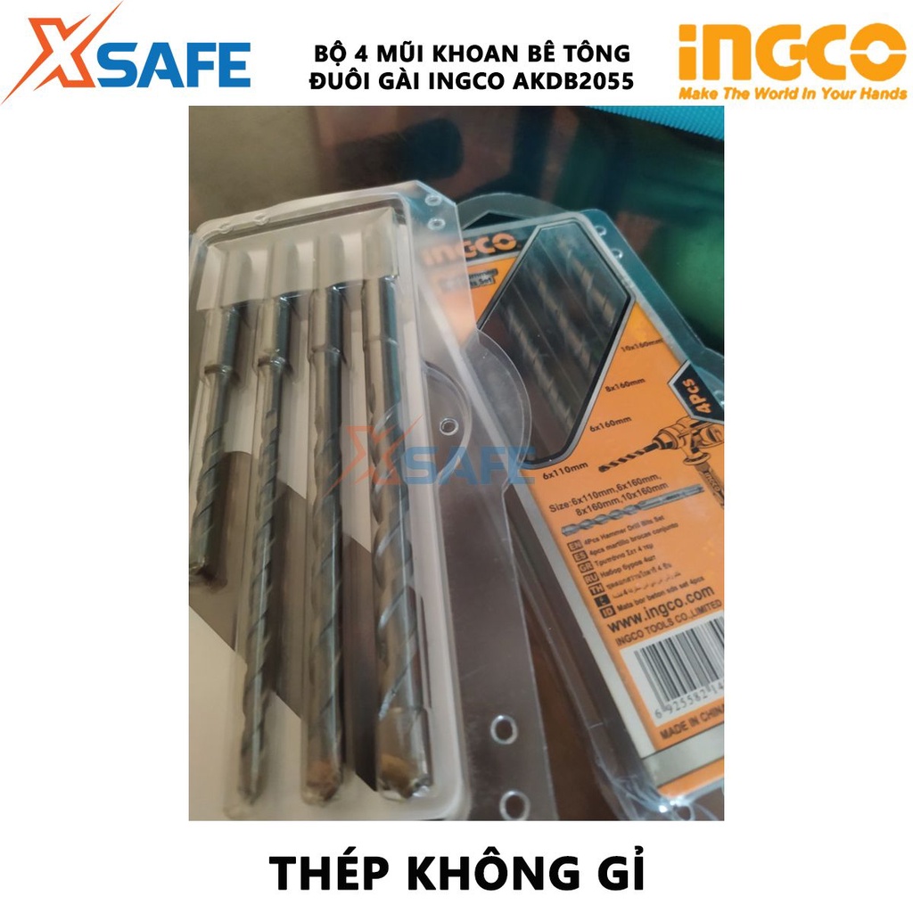 Bộ 4 mũi khoan bê tông đuôi gài INGCO AKDB2055 Bộ mũi khoan 4 chi tiết, đóng gói vỉ nhựa chắc chắn