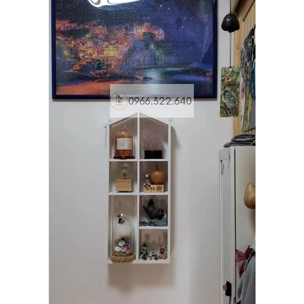 Kệ trang trí treo tường hình ngôi nhà vintage gỗ MDF chống ẩm cao cấp đầy đủ phụ kiện dễ dàng lắp ráp NADECOR