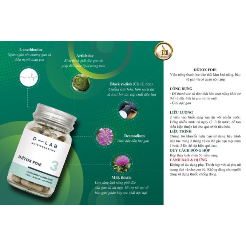 Viên Uống Detox Thanh Lọc Cơ Thể DETOX FOIE 56 Viên D-LAB Pháp - Đào Thải Kim Loại Nặng, Bảo Vệ Gan, Túi Mật
