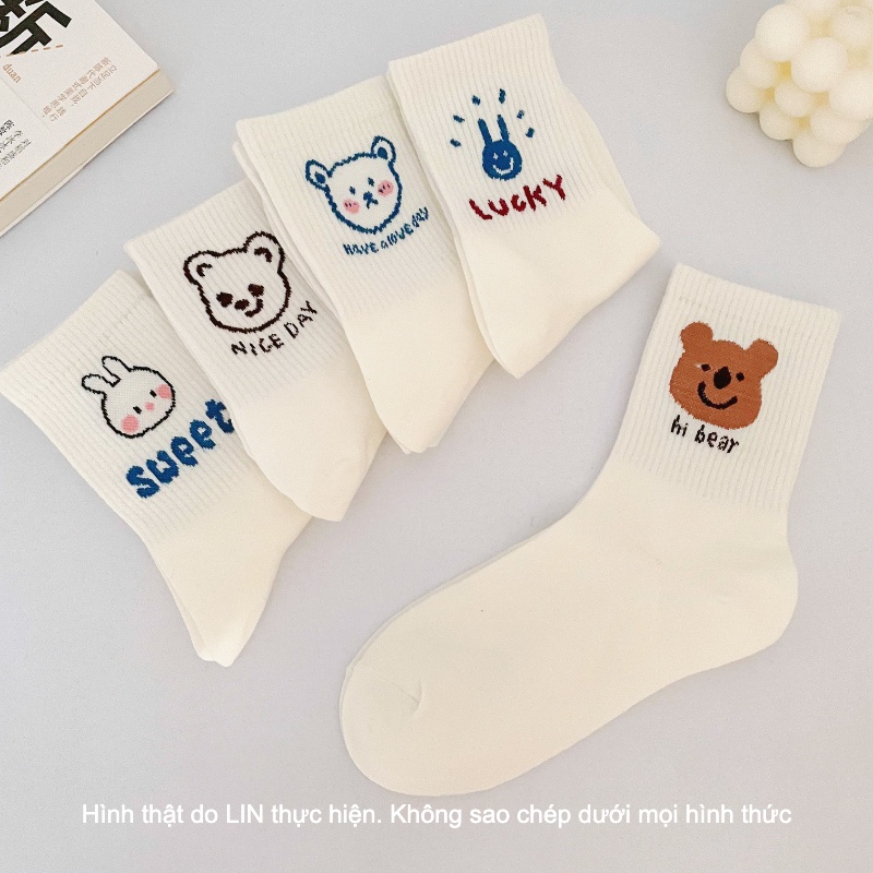 Vớ Trắng Cổ Cao Hình Gấu Dễ Thương Basic
