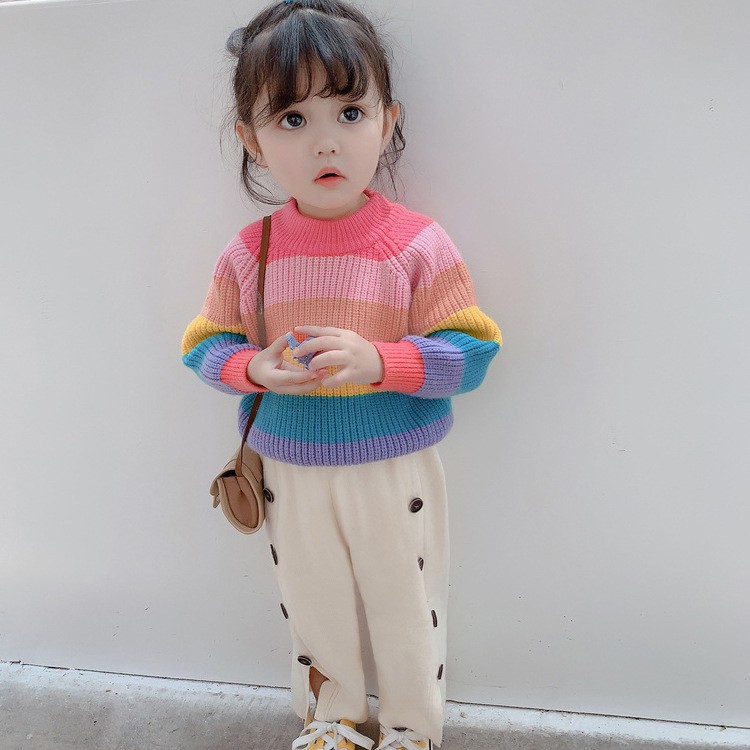 Áo Sweater Dệt Kim Cổ Tròn Tay Dài Màu Cầu Vồng Cho Bé Gái