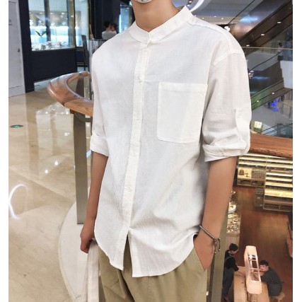 Áo Sơ Mi Đũi Nam Cổ Tàu Form Rộng Phong Cách Hàn Quốc Trẻ Trung Năng Động