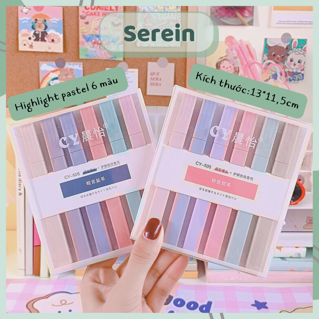 Bút highlight pastel SEREIN  bút đánh dấu nhớ trang trí sổ bullet journal văn phòng phẩm phong cách Hàn Quốc